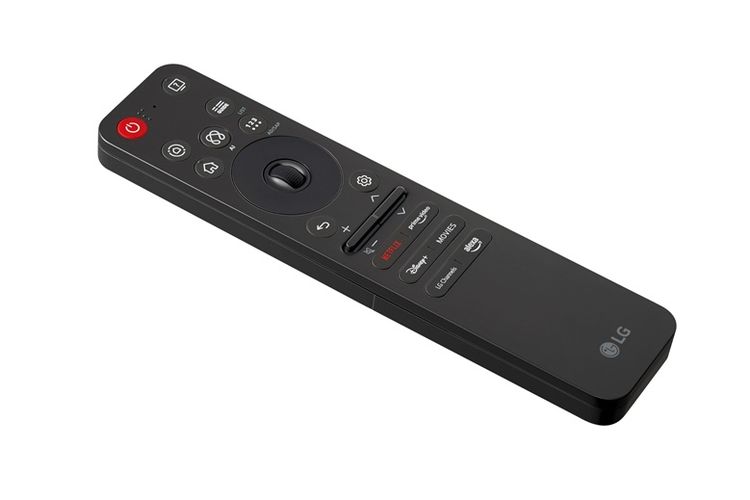 AI Magic Remote dengan tombol AI khusus untuk meningkatkan interaksi pengguna pada LG TV OLED evo 2025. 