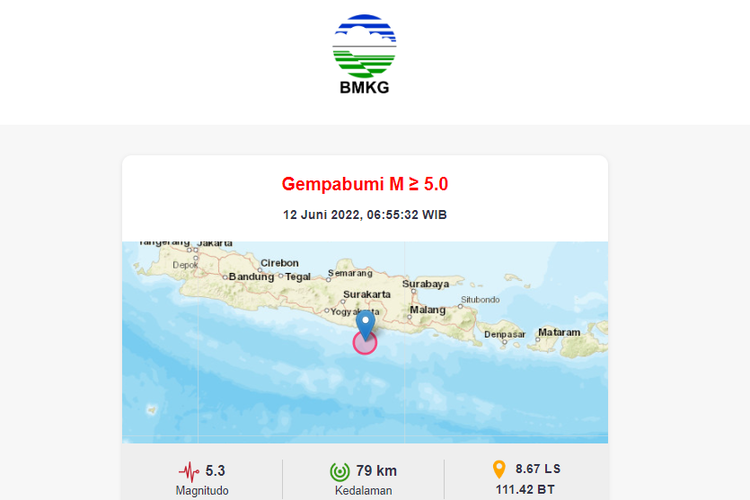 Tangkapan layar titik gempa bumi yang terjadi di Pacitan, Jawa Timur pada Minggu (12/6/2022) pukul 06.55 WIB.