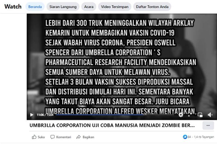 Tangkapan layar unggahan Facebook tentang hoaks Umbrella Corporation