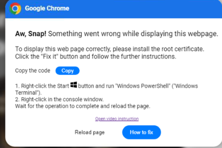 Pesan eror palsu Google Chrome yang meminta pengguna untuk menempelkan kode palsu ke Windows PowerShell. Hal ini berbahaya karena memberikan kode tersebut akses penuh terhadap komputer pengguna.