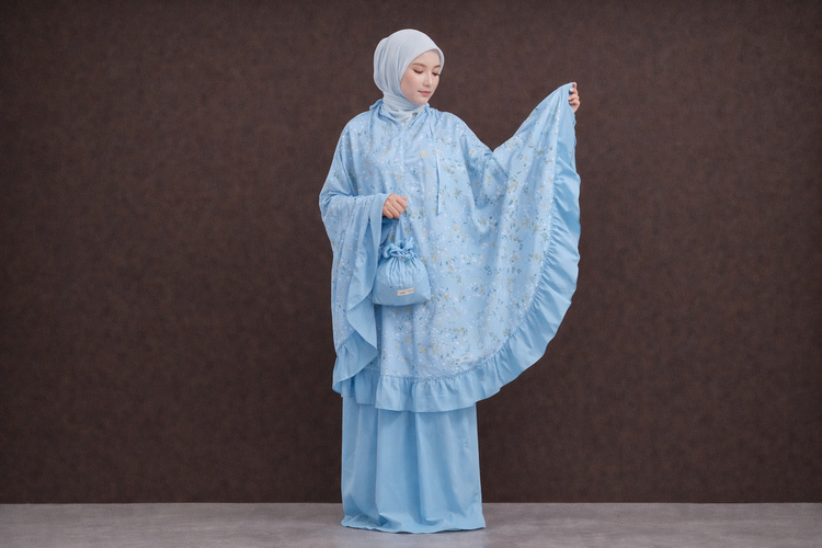 Mukena Motif Pastel dengan Aksen Rempel