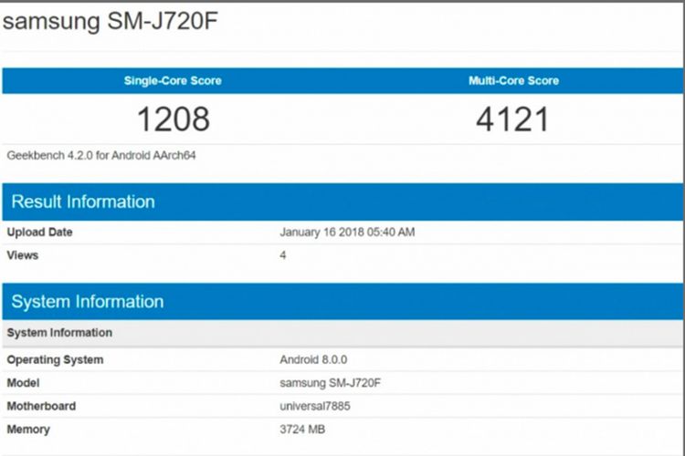 Bocoran benchmark Geekbench yang disinyalir memperlihatkan spesifikasi Samsung Galaxy J8 (2018).