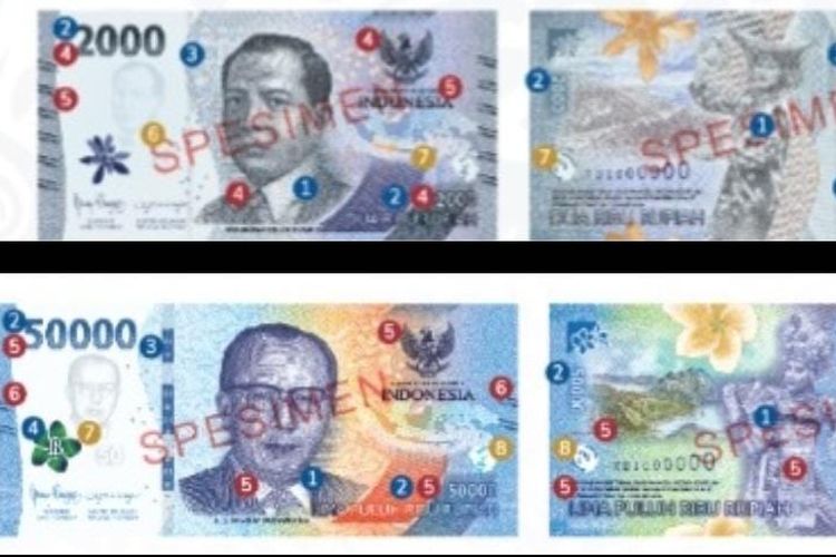 Uang kertas Rp 2.000 terbar dan uang kertas Rp 50.000 edaran lama.