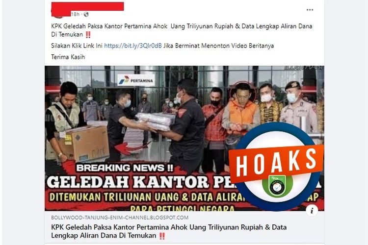 Tangkapan layar Facebook narasi yang menyebut bahwa KPK menemukan uang triliunan rupiah di kantor Ahok