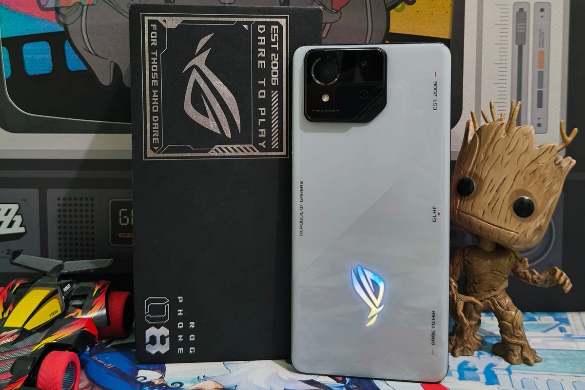 Asus ROG Phone 8 varian Storm Gray bersama kotak penjualannya. 