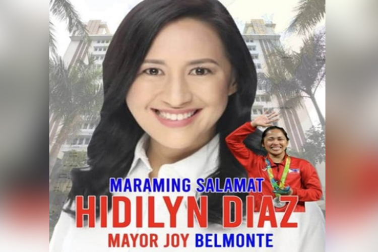 Poster ucapan selamat untuk Hidilyn Diaz ini viral di media sosial, karena wajah Wali Kota Quezon City Joy Belmonte jauh lebih besar daripada atlet Filipina peraih medali emas Olimpiade Tokyo 2020 cabor angkat besi putri tersebut.