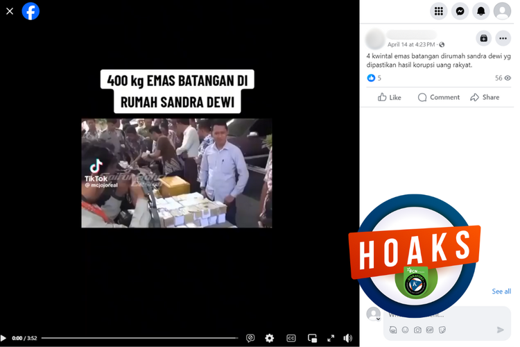 Tangkapan layar konten hoaks di sebuah akun Facebook, Minggu (14/4/2024), mengenai polisi menyita emas batangan di rumah Sandra Dewi.