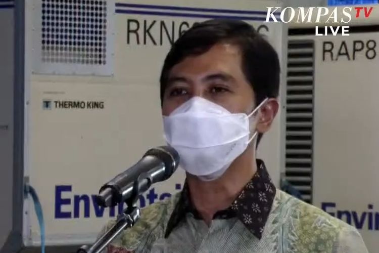 Screen grab of Deputy Health Minister Dante Harbuwono speaks at the Soekarno-Hatta International Airport as 10 million doses of bulk vaccine from China's Sinovac arrive in Indonesia on Tuesday, March 2, 2021. 