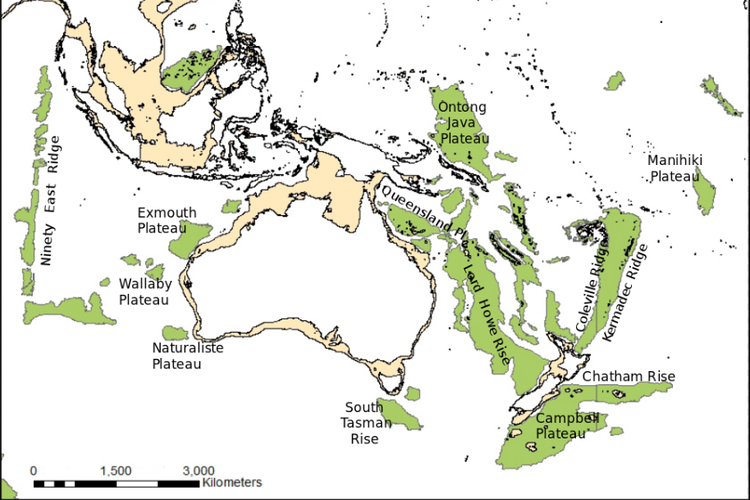 Peta yang menunjukkan lokasi dataran tinggi samudera (berwarna hijau) di wilayah Australia-Selandia Baru di Pasifik Selatan