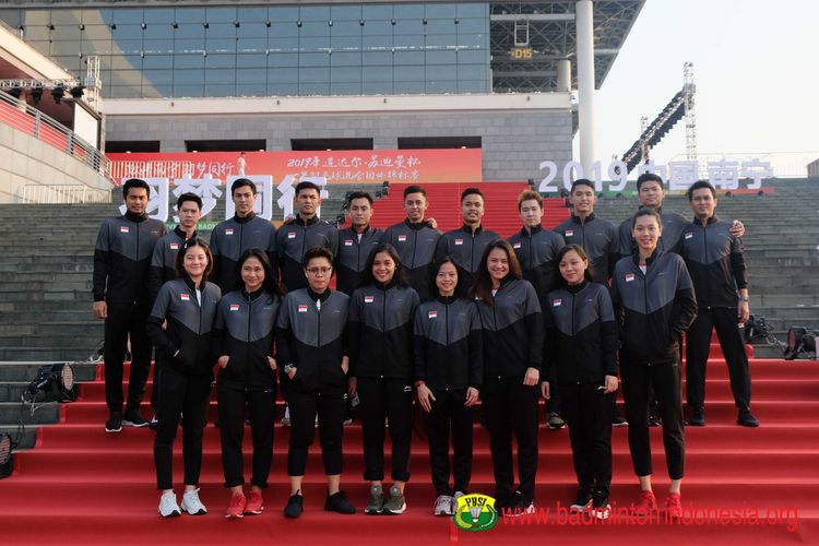 Tim Nasional Bulu Tangkis Indonesia saat Gala Dinner Piala Sudirman 2019 di Nanning, China. 