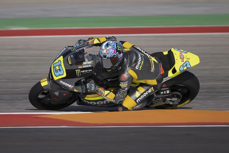 Celestino Vietti saat berlaga pada MotoGP Amerika 2022.   Mirco Lazzari gp/Getty Images/AFP (Photo by Mirco Lazzari gp / GETTY IMAGES NORTH AMERICA / Getty Images via AFP)