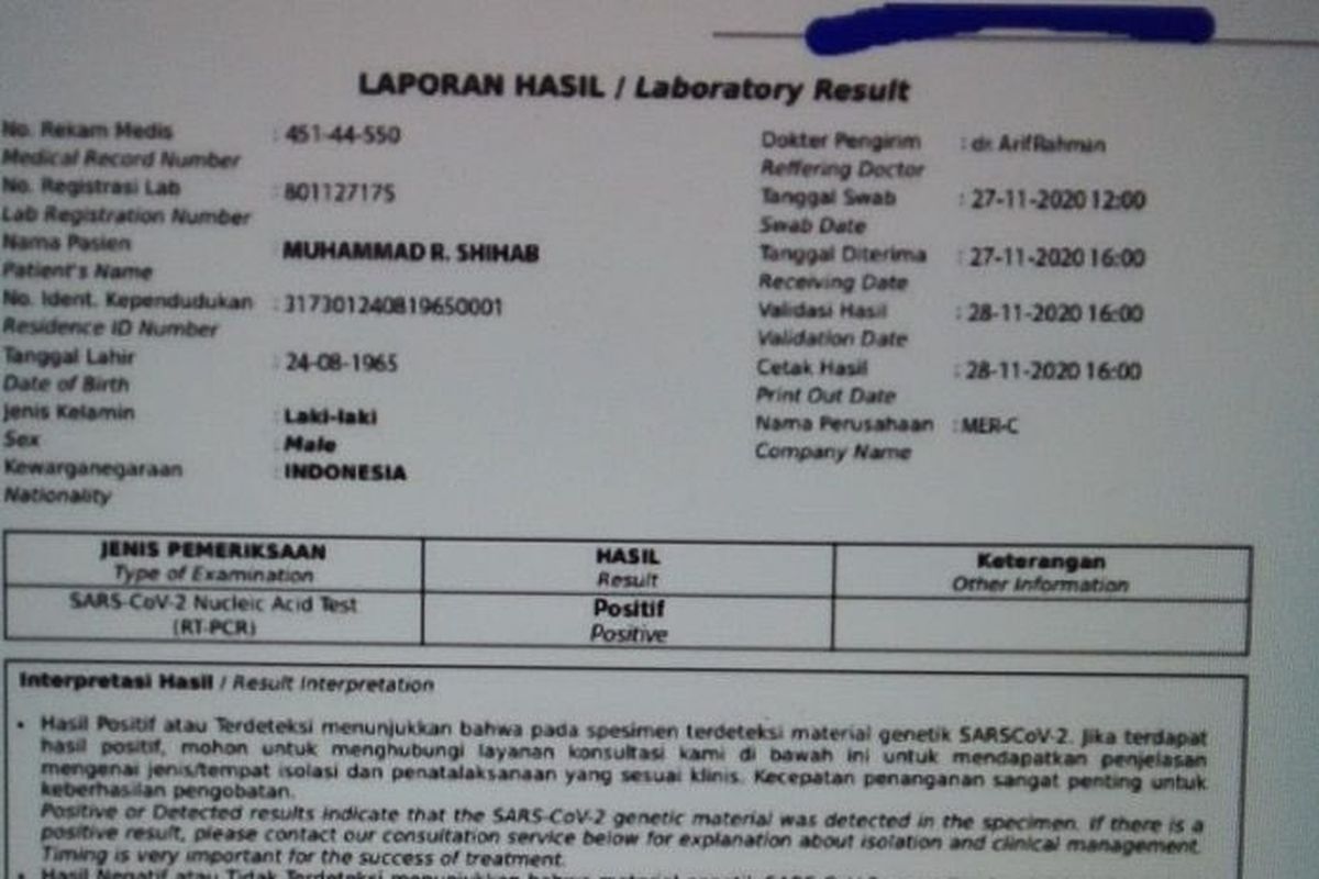 Surat keterangan hasil swab tes yang tertulis atas nama pimpinan Front Pembela Islam (FPI) Rizieq Shihab dengan hasil positif Covid-19, beredar di media sosial.