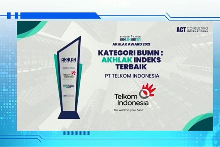 Telkom meraih gelar Juara Umum sebagai Peraih AKHLAK Index Terbaik pada ajang perdana AKHLAK Award 2021 yang diselenggarakan Kementerian BUMN bekerja sama dengan ACT Consulting Internasional, Kamis (15/7/2021).