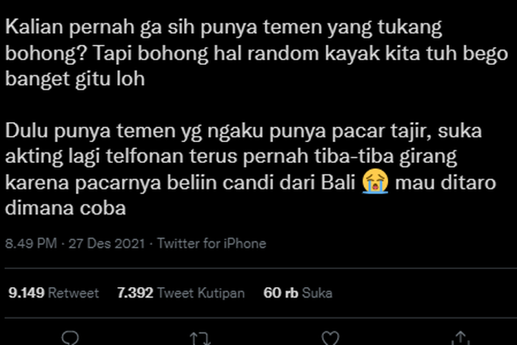 Tangkapan layar twit soal perilaku bohong yang dialami seseorang.