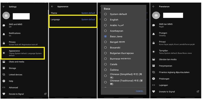 Cara mengubah pengaturan aplikasi Signal ke Bahasa Jawa.