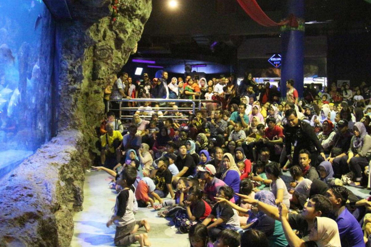 Pengunjung saat menyaksikan pertunjukan underwater feedingshow di akuarium utama Sea World, kawasan wisata Taman Impian Jaya Ancol, Jakarta, Sabtu (23/12/2017). Acara tersebut diselenggarakan pada 23-27 Desember 2017 untuk menyambut musim libur natal dan perayaan pergantian tahun.