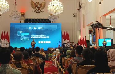 Presiden Joko Widodo saat menyampaikan sambutan di peluncuran logo IKN di Istana Negara, Jakarta, Selasa (30/5/2023).