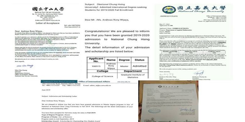 Letter of Acceptance atau LoA yang diterima Andreas dari lima universitas di Taiwan.