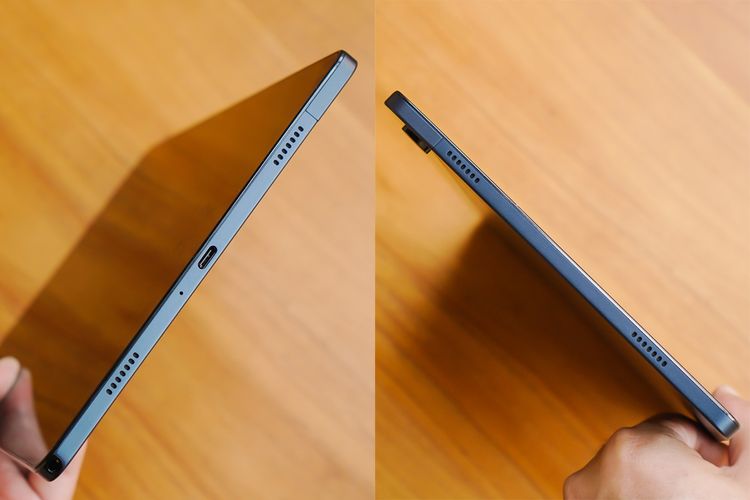 Samsung Galaxy Tab A9 Plus 5G memiliki 4 buah speaker stereo, masing-masing dua buah di sisi kanan dan kiri