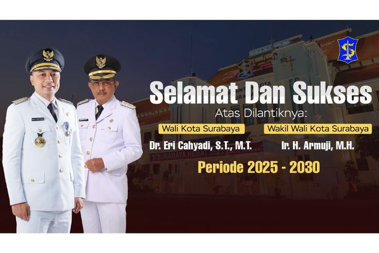 Wali Kota Surabaya Eri Cahyadi dan Wakil Wali Kota Armuji kembali terpilih untuk memimpin Kota Surabaya untuk periode 2025-2030.