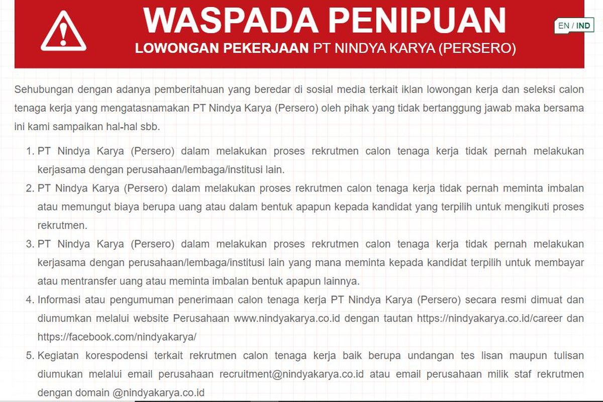 Peringatan penipuan lowongan pekerjaan atas nama PT Nindya Karya.