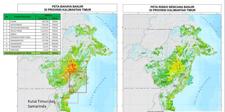 Peta potensi dan risiko banjir di Kalimantan Timur