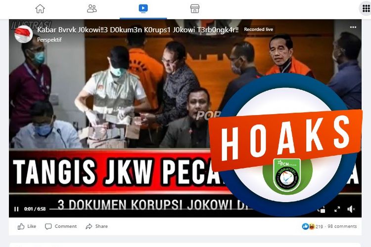 Tangkapan layar Facebook narasi yang menyebut bahwa KPK membongkar tiga dokumen terkait korupsi Jokowi