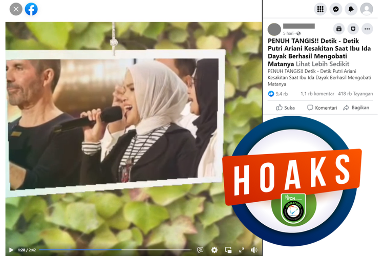 Tangkapan layar unggahan dengan narasi hoaks di sebuah akun Facebook, Senin (19/6/2023), yang menyebut Ida Dayak menyembuhkan mata Putri Ariani.