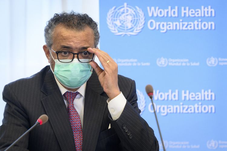 Tedros Adhanom Ghebreyesus, Director General of the World Health Organization (WHO) speaks during a bilateral meeting with Swiss Interior and Health Minister Alain Berset, not pictured, before signing a BioHub Initiative with a global Covid-19 Pathogen repository in Spiez laboratory on the sideline of the opening of the 74th World Health Assembly, WHA, at the WHO headquarters, in Geneva, Switzerland, Monday, May 24, 2021. (Laurent Gillieron/Keystone via AP)