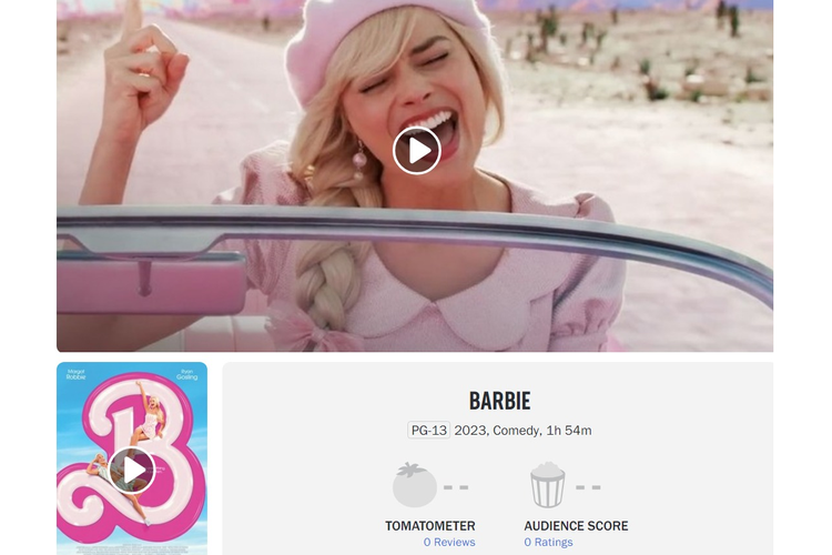 Belum ada skor atau ulasan untuk Barbie di Rotten Tomatoes. Tangkapan layar diambil pada 11 Juli 2023.