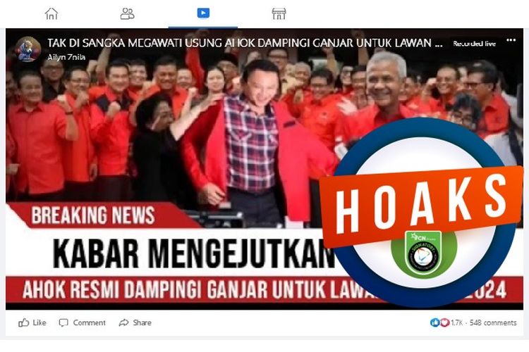 Tangkapan layar Facebook narasi yang menyebut Megawati telah resmi mengusung Ahok sebagai cawapres Ganjar