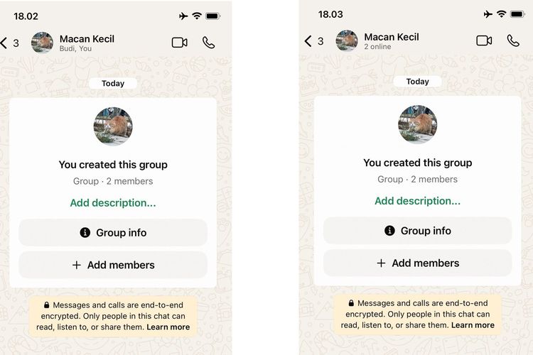 Tulisan status Online akan menggantikan tulisan nama-nama anggota yang ada di bawah nama grup WA, ketika terdapat anggota grup yang online.