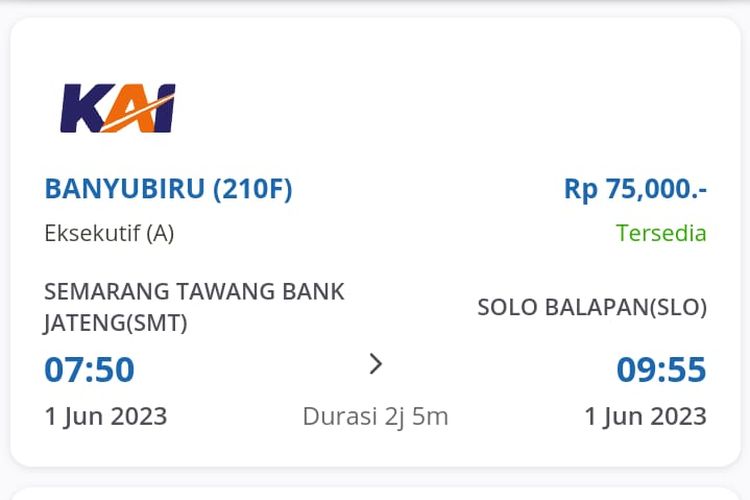 Harga tiket dan jadwal KA Banyubiru relasi Semarang Tawang Bank Jateng-Solo Balapan PP