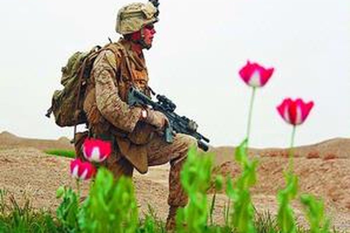 Seorang tentara AS beristirahat di dekat pertanian opium, Sabtu (21/3), di desa terpencil Baqwa, Afganistan. Di daerah ini, kelompok Taliban masih memiliki basis dan terus melakukan perlawanan terhadap pasukan internasional. 