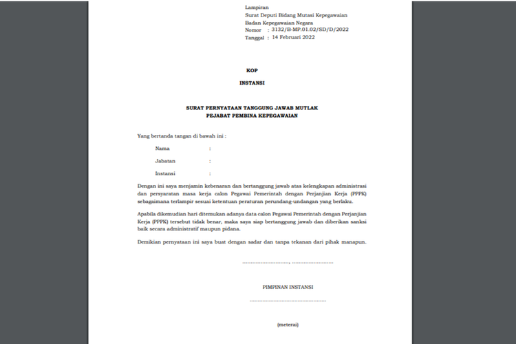 Tangkapan layar contoh Surat Pernyataan Tanggung Jawab Mutlak (SPTJM) penetapan NI PPPK.