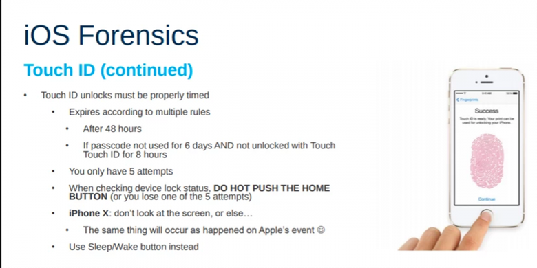 Sebuah slide presentasi dari firma mobile forensic Elcomsoft untuk para penegak hukum di AS, tentang saran menangani iPhone milik tersangka kejahatan supaya tidak terkunci. 