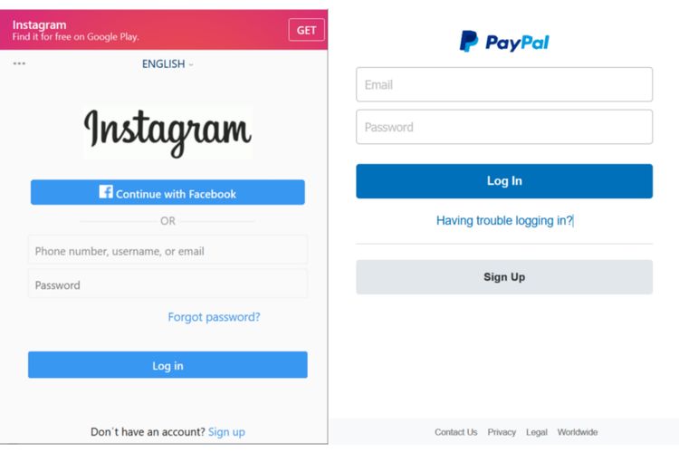 Halaman phising yang menyamar jadi aplikasi Instagram dan PayPal. Jika pengguna memasukkan nama dan kata sandi, maka akan diteruskan ke peretas yang membuat halaman phising ini.