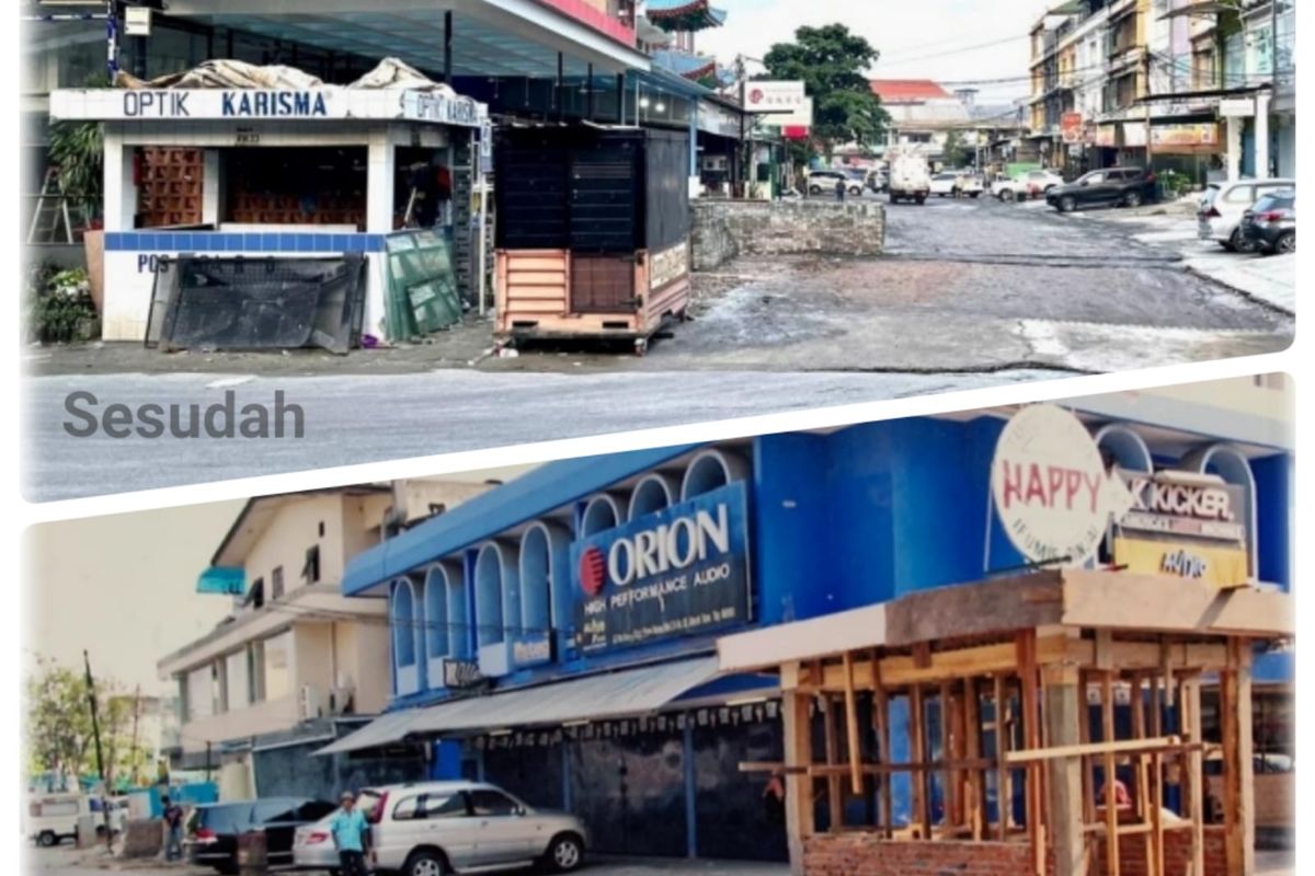 Penampakan sebelum dan sesudah terjadinya penyerobotan bahu jalan dan saluran air oleh ruko Z4 Utara di Jalan Niaga, RT 011/RW 03, Pluit, Penjaringan, Jakarta Utara.