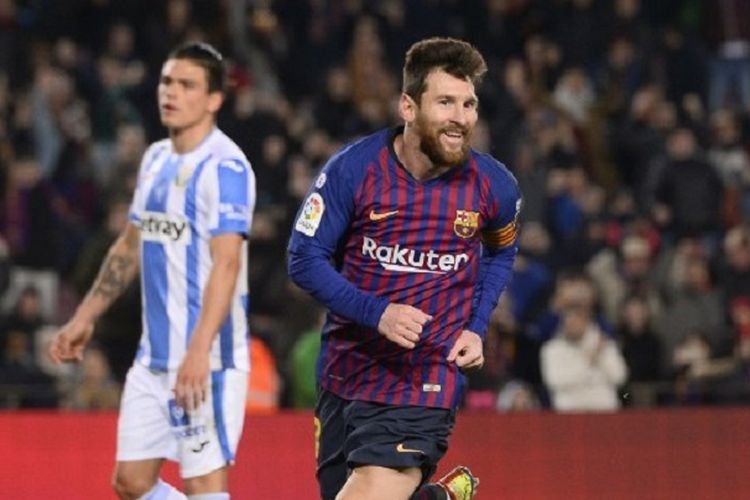 Lionel Messi merayakan golnya pada pertandingan Barcelona vs Leganes di Stadion Camp Nou dalam lanjutan La Liga Spanyol, 20 Januari 2019. 