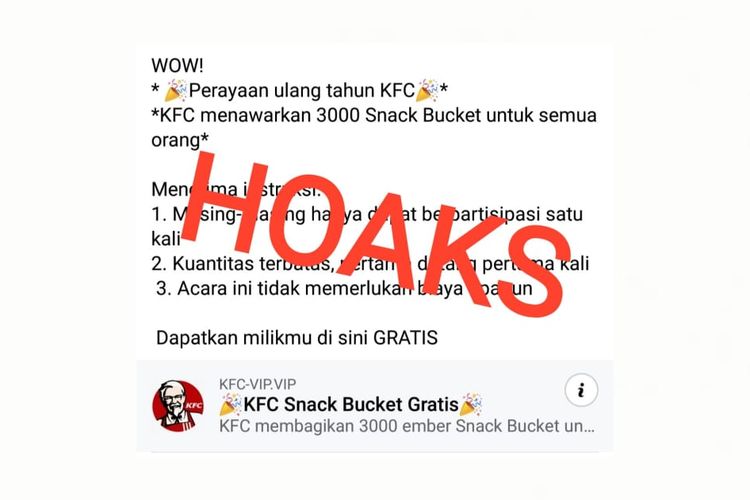Info hoaks pembagian snack bucket dari KFC.