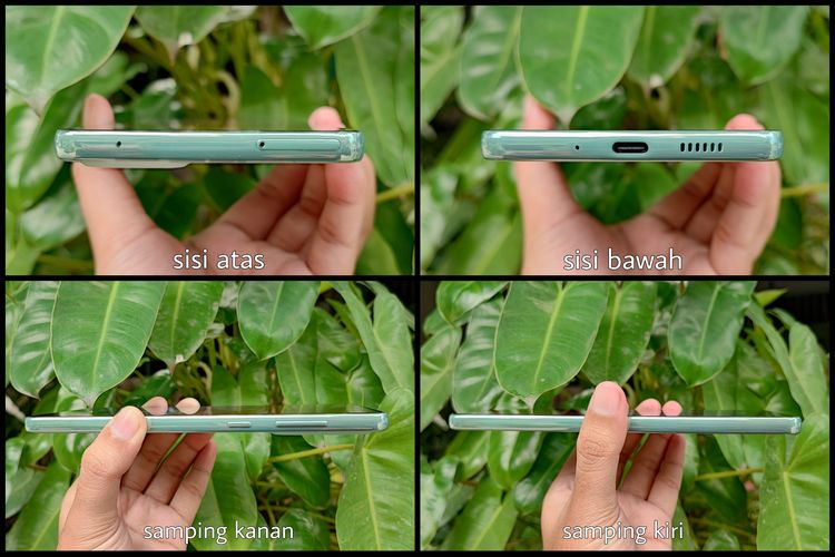 Samsung Galaxy A73 5G memiliki bodi yang tipis dan ringan. Ini adalah foto tampang bodi Galaxy A73 dari sisi atas, bawah, serta samping kanan dan kiri.