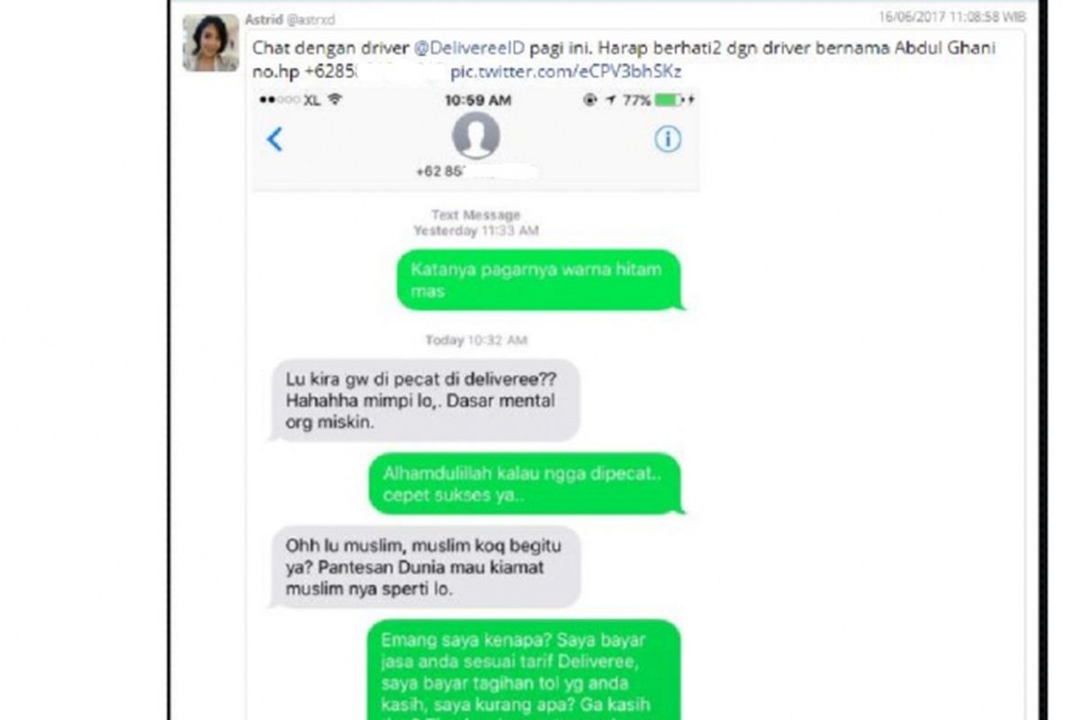 Screenshot komplain Astrid terhadap salah seorang pengemudi Deliveree Indonesia di Twitter