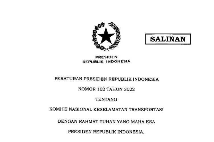 Tangkapan layar Perpres Nomor 102 Tahun 2022 tentang KNKT