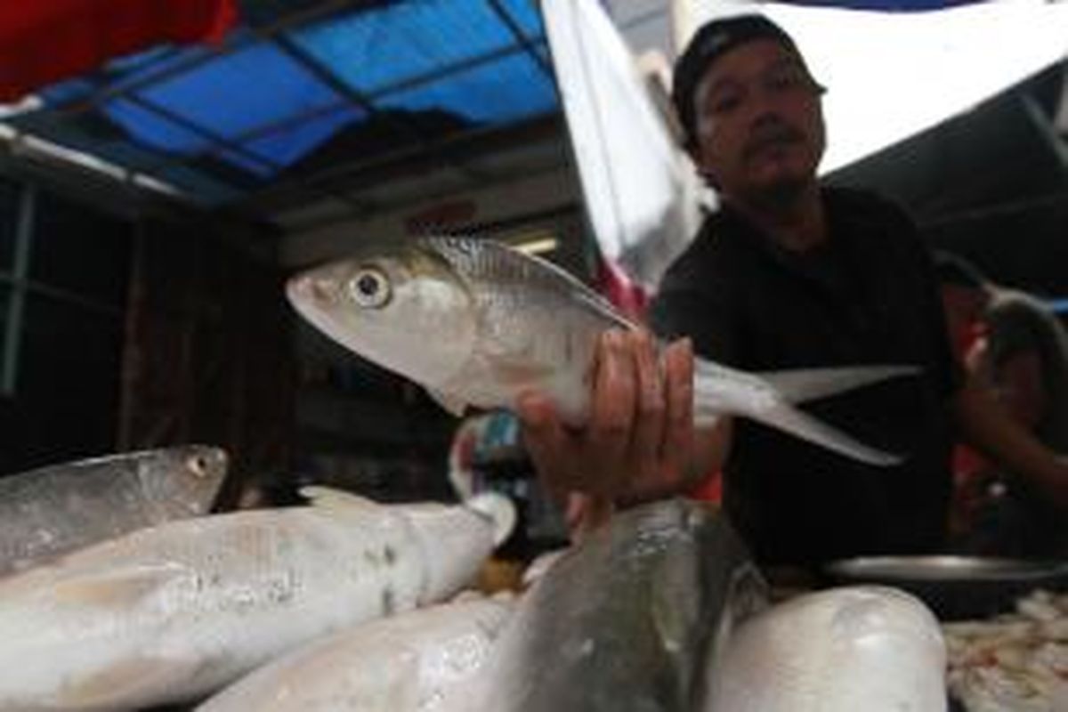 Pedagang menjual ikan bandeng di Pasar Pinangsia, Glodok, Jakarta Barat, Kamis (30/1/2014). Warga Tionghoa mulai membeli ikan bandeng untuk sajian tahun baru Imlek 2565. Menurut kepercayaan Tionghoa, warna putih mengkilap pada ikan bandeng melambangkan keberuntungan dan membawa rezeki untuk disantap saat Imlek. TRIBUNNEWS/HERUDIN