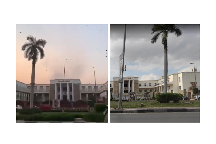 (Kiri) Bangunan dalam video yang diklaim pendaratan pasukan khusus Hamas di pemukiman Israel. (Kanan) Foto gedung Akademi Militer Mesir di Kairo yag diunggah ke Google Maps.