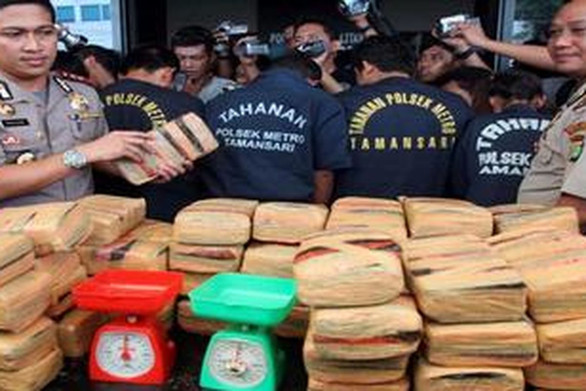 Polisi memperlihatkan 48 kilogram ganja dan empat tersangka saat rilis pengungkapan kasus tersebut di Polsek Metropolitan Taman Sari, Jakarta Barat, Selasa (23/4/2013). Salah satu dari empat tersangka tersebut adalah pengedar sabu-sabu yang juga seorang guru SD Negeri di Jakarta.

