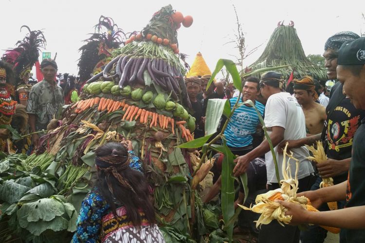 Grebeg gunungan hasil bumi oleh warga Desa Bandungrejo, Kecamatan Ngablak, Kabupaten Magelang, Sabtu (4/11/2017).