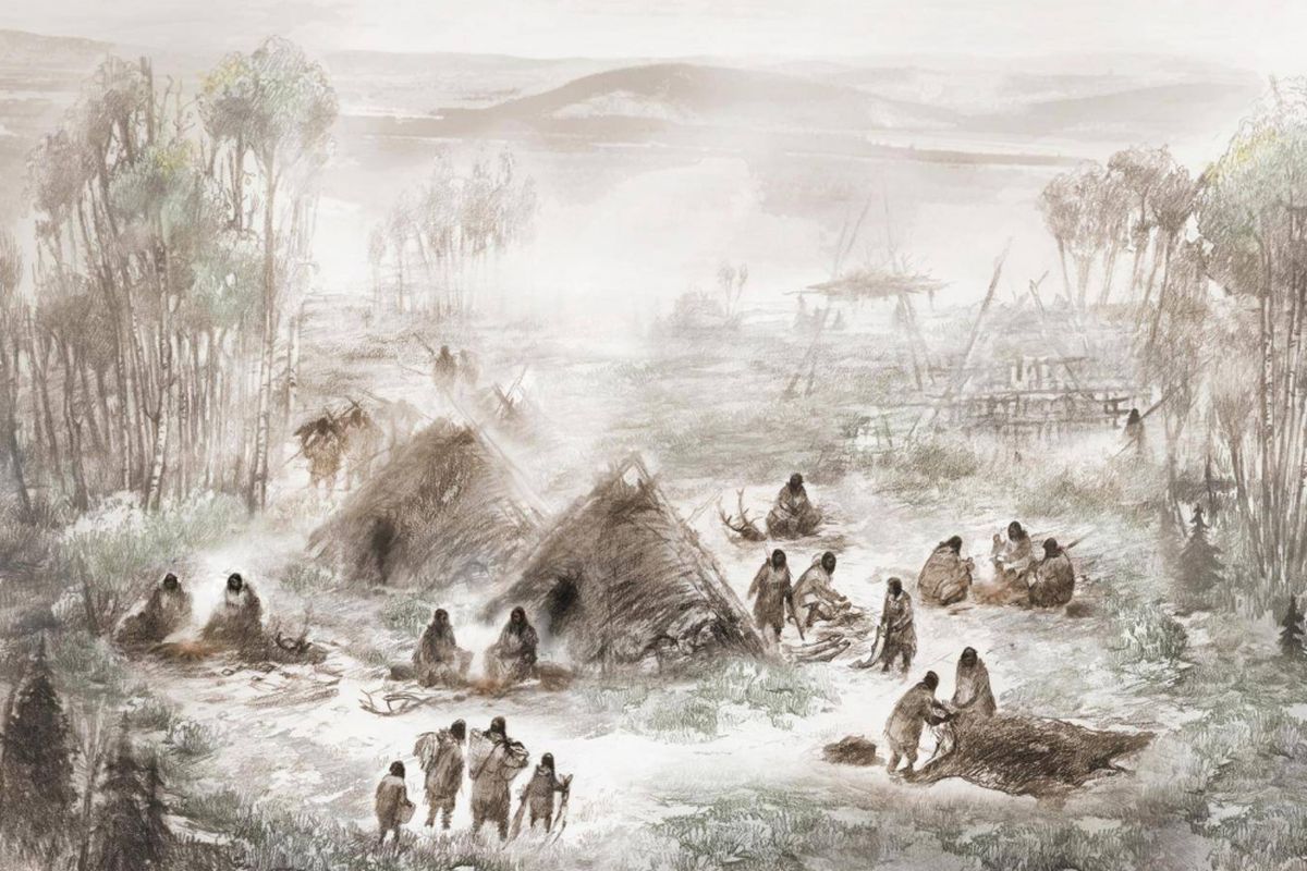 Ilustrasi ilmiah tentang kamp Sungai Sun Upward, tempat sisa-sisa anak purba ditemukan dan membuka pengetahuan siapa penduduk asli Amerika