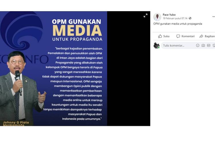 Tangkapan layar unggahan yang berisi pernyataan Menteri Komunikasi dan Informatika (Menkominfo) Johnny G Plate soal Organisasi Papua Merdeka (OPM).