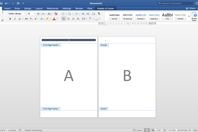Ilustrasi cara menghilangkan header di halaman kedua dengan opsi ?Different First Page?